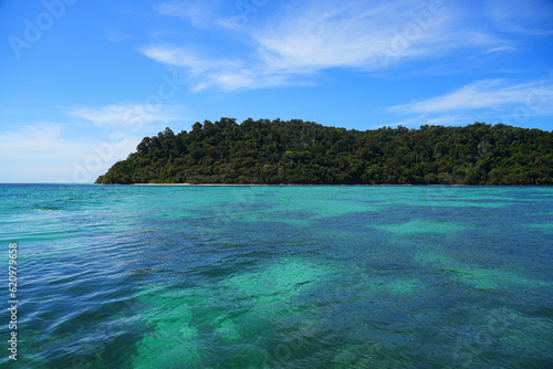 Beautiful beach with turquoise transparent waters on Koh Rok island (Ko Rok Noi) in Mu Ko Lanta National Park in the Andaman Sea, Krabi Province, Thailand