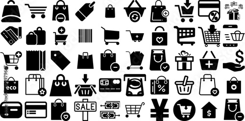Big Collection Of Buy Icons Bundle Hand-Drawn Solid Simple Silhouettes Finance, Purchase, Icon, Climate Glyphs Isolated On Transparent Background