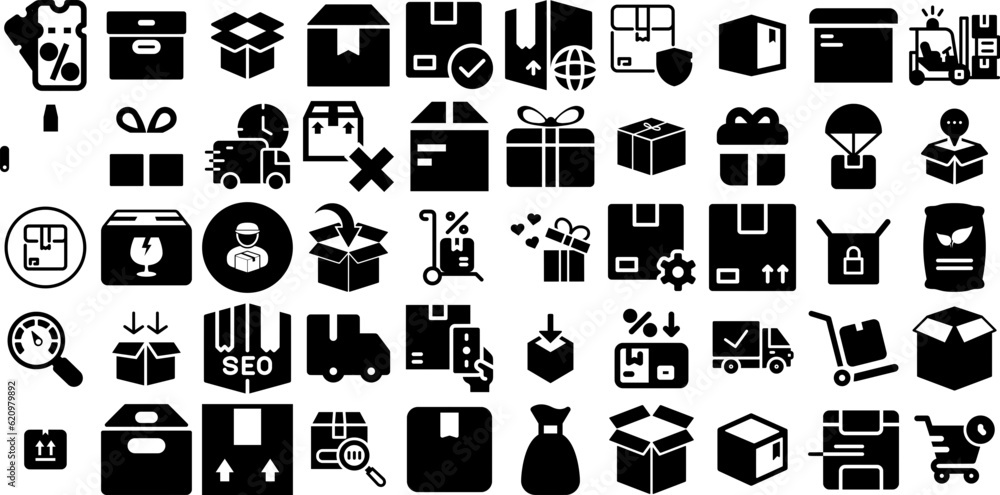 Huge Collection Of Package Icons Pack Hand-Drawn Solid Cartoon Symbol Mark, Distribution, Icon, Optimization Doodles Isolated On White Background