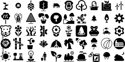 Massive Collection Of Nature Icons Pack Flat Modern Signs Blossom, Cactus, Line, Set Clip Art Isolated On White Background