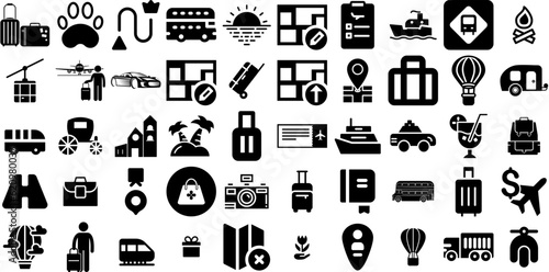 Mega Collection Of Travel Icons Bundle Hand-Drawn Black Modern Symbol Silhouette, Yacht, Photo Camera, Pointer Doodles Isolated On Transparent Background