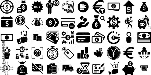 Big Set Of Money Icons Bundle Hand-Drawn Isolated Cartoon Symbol Silhouette, Goodie, Finance, Coin Pictograms For Computer And Mobile