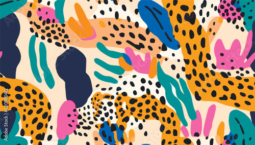 Hand drawn dots abstract artistic print with leopards skin. Creative collage contemporary seamless pattern. Fashionable template for design.