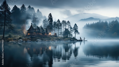 Serene Mystique Calm Lake Shrouded in Mist for a Tranquil and Mystical Atmosphere