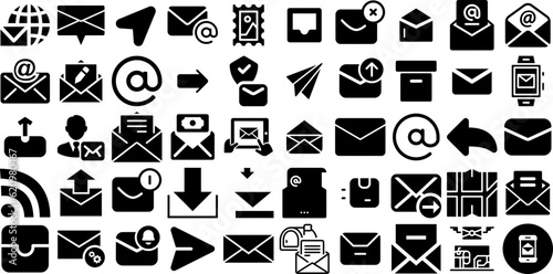 Massive Set Of Mail Icons Bundle Hand-Drawn Isolated Cartoon Silhouette Steal, Correspondence, Mark, Finance Doodles For Apps And Websites