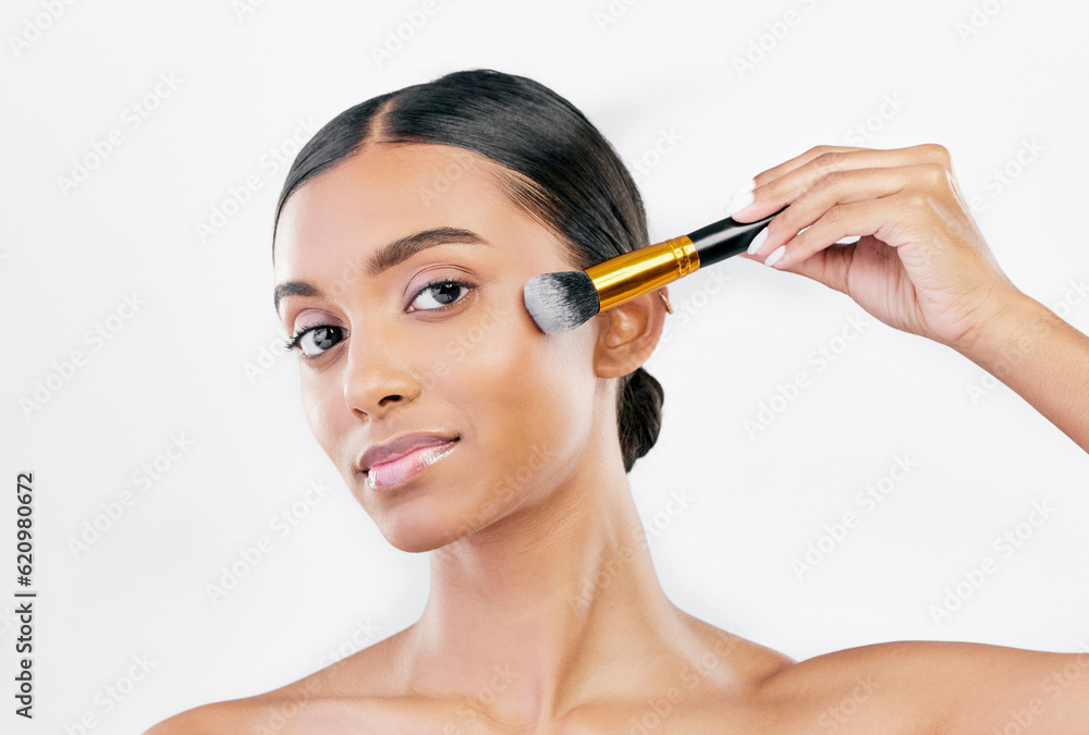 Portrait, beauty and woman with makeup, brush and skincare against a white studio background. Face, female person or model with cosmetics tool, wellness and luxury with organic facial and dermatology