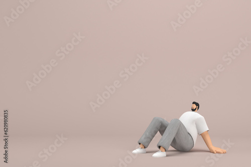 The man with beard wearinggray corduroy pants and white collar t-shirt. He is sit down. 3d illustrator of cartoon character in acting.