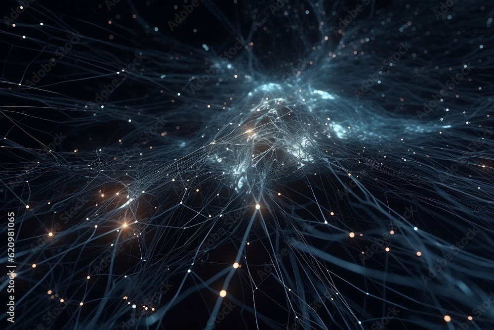 Fototapeta premium Abstract, AI Technology, Concept, Moving Dots, Lines, Digital Data Flow, Communication, Tech Network