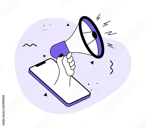 Hand holding megaphone on smartphone screen flat illustration vector, join us, job vacancy announcement, special offer, we are hiring, Loudspeaker