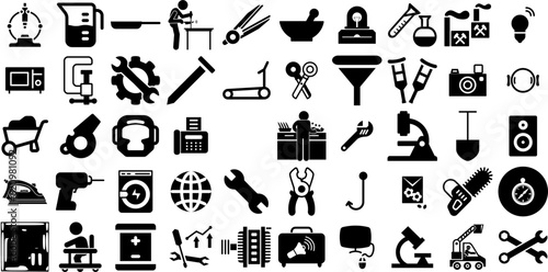 Massive Set Of Equipment Icons Collection Solid Modern Symbols Tool, Engineering, Speaker, Health Glyphs Isolated On White Background photo
