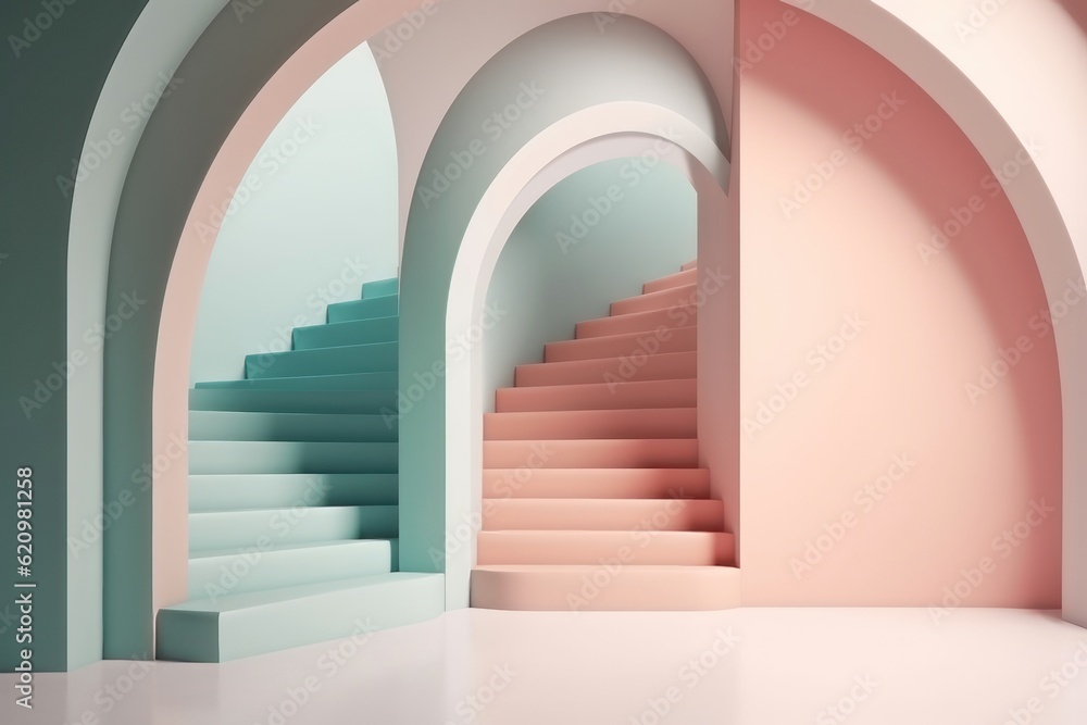 Obraz premium Illustration in modern geometric style Arch and stairs in trendy minimal interior. AI generated