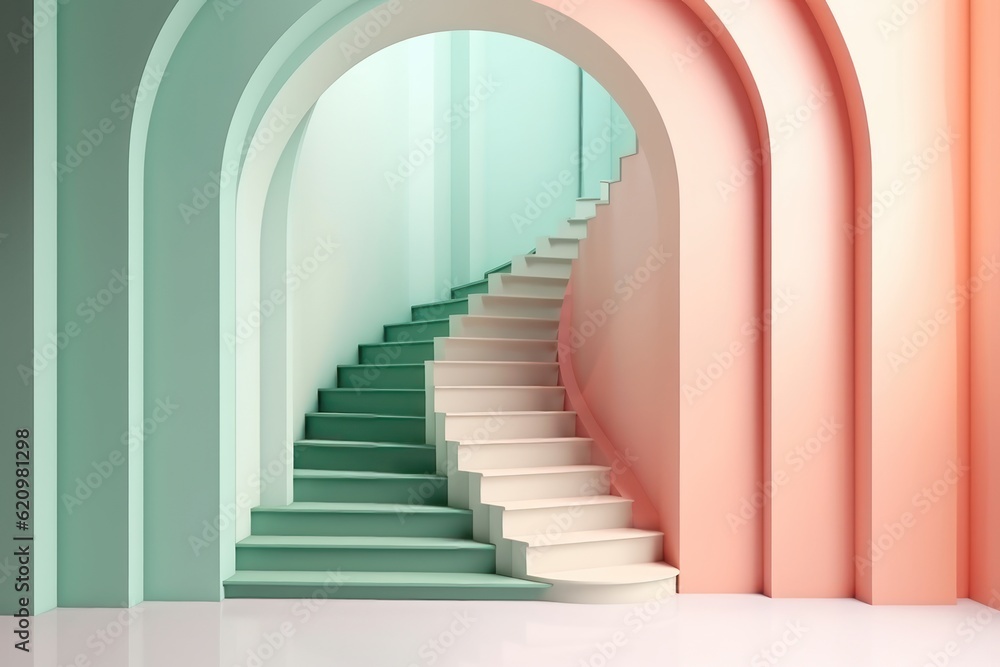 Illustration in modern geometric style Arch and stairs in trendy minimal interior. AI generated Illustration in modern geometric style Arch and stairs in trendy minimal interior. AI generated