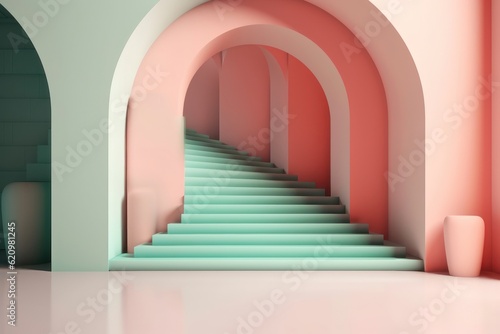 Illustration in modern geometric style Arch and stairs in trendy minimal interior. AI generated