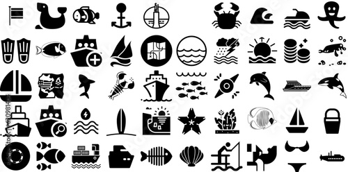 Big Set Of Sea Icons Set Hand-Drawn Isolated Simple Clip Art Creature, Icon, Anchor, Tortoise Silhouette Isolated On White