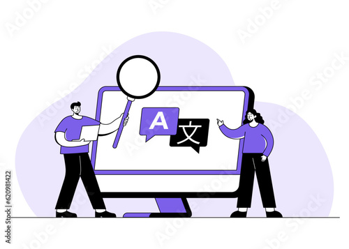 Online translator, Translate foreign languages, Chat bubbles with different languages, Hello!, Multilingual communication, App icon for Dialogue between foreign people concept flat vector illustration
