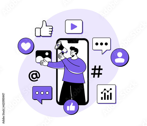 Man standing on smartphone screen with megaphone, Social media marketing concept flat illustration, Digital marketing, E-commerce, Social media campaign, Seo optimization, Native advertising