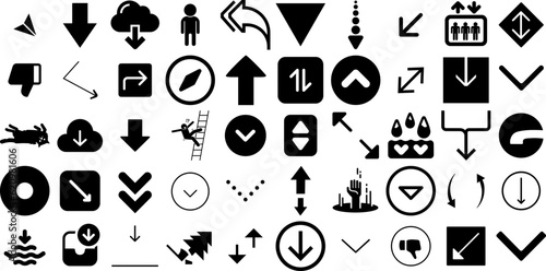 Massive Collection Of Down Icons Collection Solid Modern Clip Art Symbol, Circle, Go, Icon Pictogram Isolated On White Background
