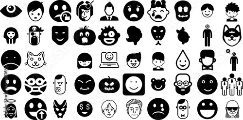Mega Collection Of Face Icons Collection Hand-Drawn Solid Design Pictograms Laundered, Silhouette, Farm Animal, Profile Silhouettes Vector Illustration