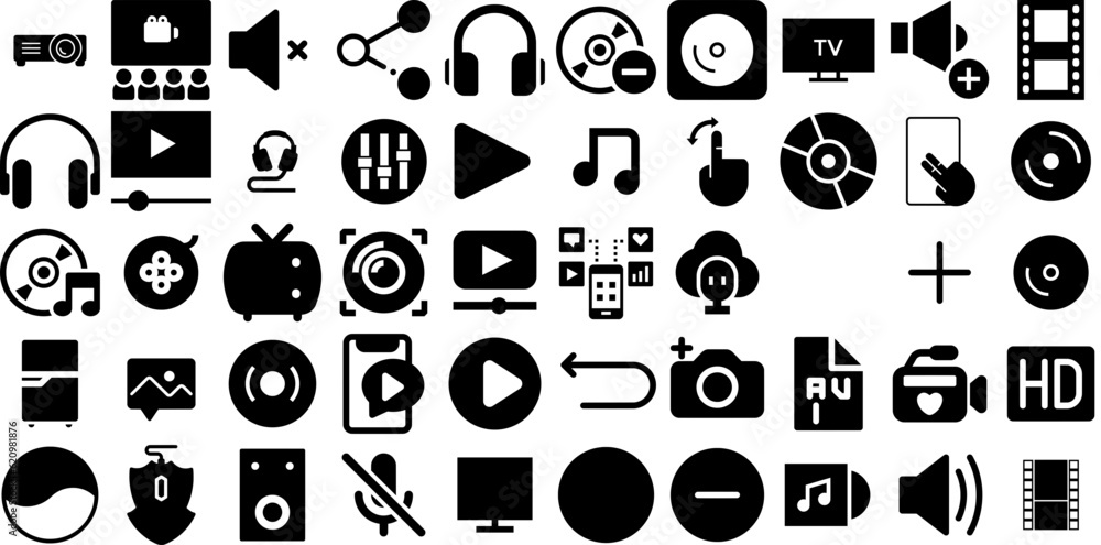 Massive Set Of Multimedia Icons Pack Hand-Drawn Linear Concept Web Icon Music, Symbol, Real Estate, Icon Clip Art Isolated On White