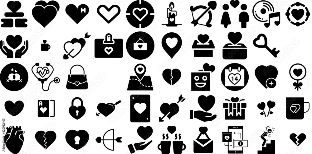 Huge Set Of Heart Icons Bundle Hand-Drawn Solid Vector Clip Art Nubes, Health, Sweet, Icon Doodles Isolated On White Background