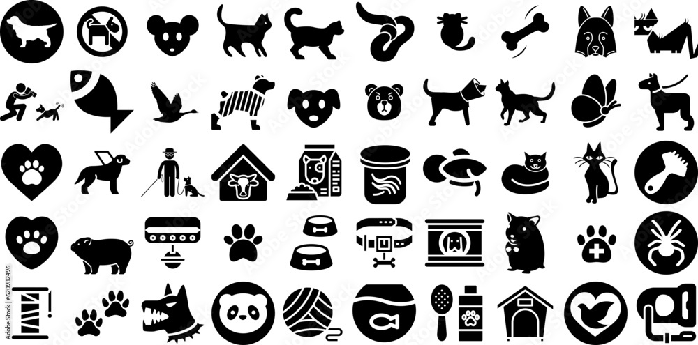 Mega Collection Of Pet Icons Set Hand-Drawn Solid Design Silhouette Icon, Symbol, Doggy, Fauna Silhouettes For Computer And Mobile