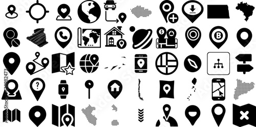 Huge Collection Of Map Icons Set Black Vector Silhouette Mark, Orientation, Pointer, Three-Dimensional Buttons Isolated On White