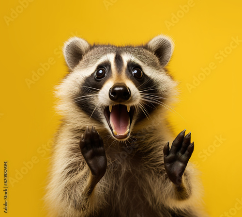 raccoon looking surprised, reacting amazed, impressed, standing over yellow background