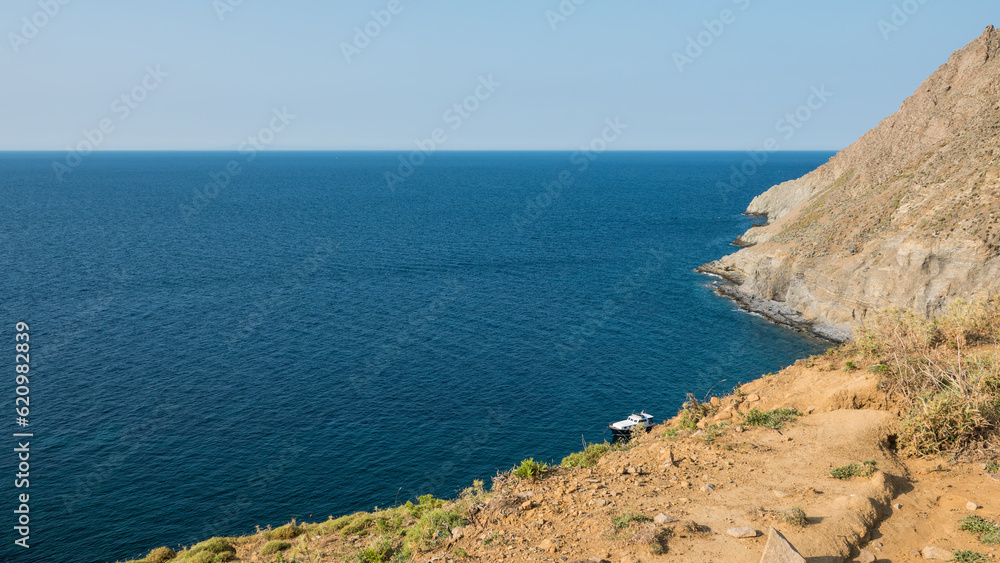 Hide angle view of Blue bay (Mavi Koy) seascape next to Gokceada Yildiz Bay underwater national park. Imbros island, Canakkale, Turkey