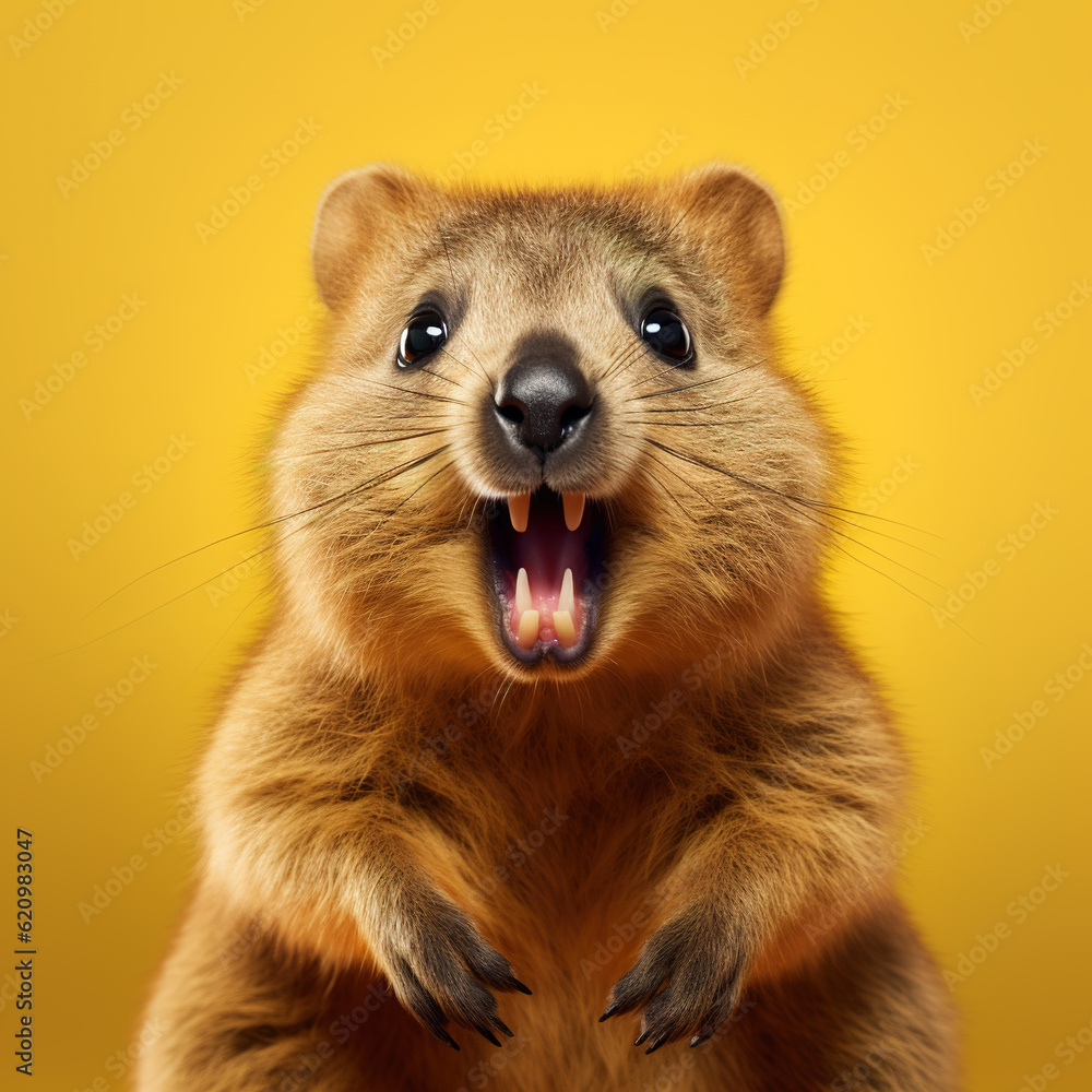 Fototapeta premium quokka looking surprised, reacting amazed, impressed, standing over yellow background