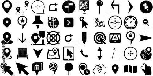 Big Collection Of Pointer Icons Pack Solid Vector Symbols Interface, Distance, Three-Dimensional, Icon Silhouette Isolated On Transparent Background