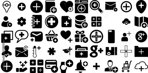 Massive Set Of Plus Icons Set Hand-Drawn Black Vector Silhouettes Gradient, Symbol, Icon, Finance Pictograph Isolated On White