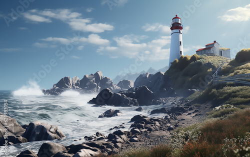 Lighthouse on the coast of state. Generative AI technology.
