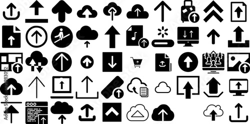 Big Set Of Upload Icons Set Hand-Drawn Isolated Vector Glyphs Website, Image, Icon, Technology Symbol For Computer And Mobile