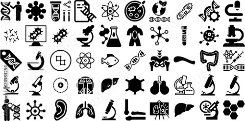Big Collection Of Biology Icons Set Isolated Cartoon Silhouettes Icon, Growing, Symbol, Glyphs Glyphs Isolated On White Background