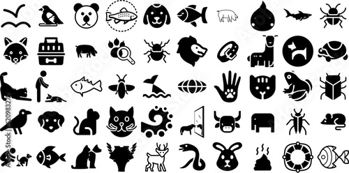 Mega Set Of Animal Icons Bundle Flat Simple Clip Art Sweet, Mark, Tail, Silhouette Glyphs For Apps And Websites