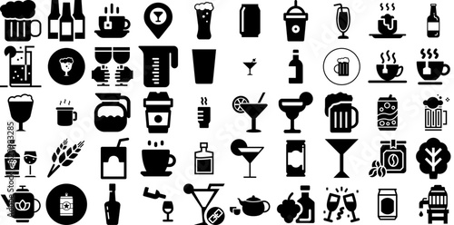 Mega Set Of Beverage Icons Pack Hand-Drawn Solid Infographic Web Icon Symbol, Pub, Coin, Icon Element Isolated On White