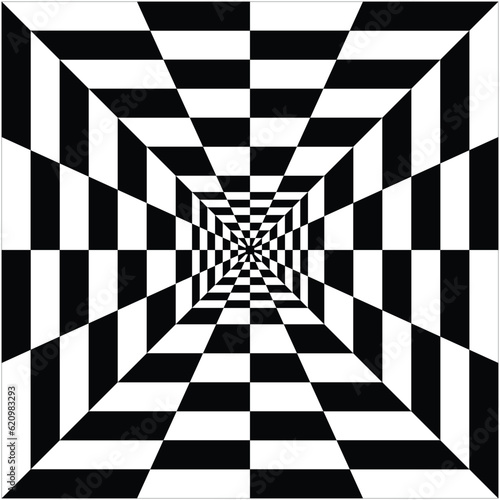 Checkered black and white tunnel abstraction, black & white tunnel illustion