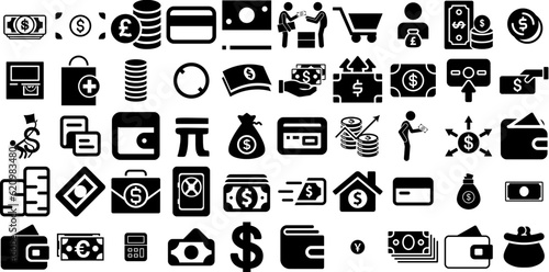 Mega Set Of Cash Icons Bundle Solid Cartoon Silhouette Icon, Way, Finance, Coin Silhouette Isolated On Transparent Background