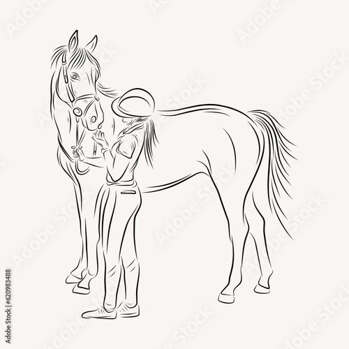 young lady riding a horse line art illustration
