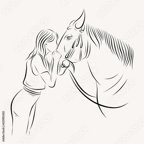 young lady riding a horse line art illustration