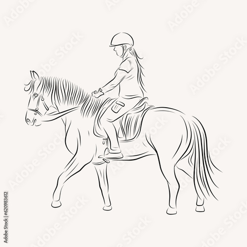 young lady riding a horse line art illustration