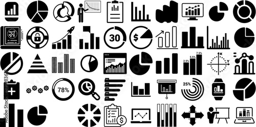 Big Collection Of Chart Icons Pack Hand-Drawn Isolated Concept Web Icon Coin, Measurement, Infographic, Finance Pictogram Isolated On White