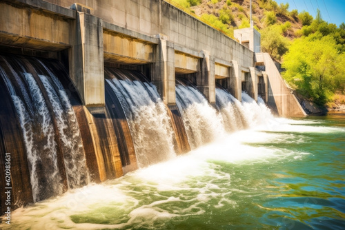 The concept of hydroelectric power plants and the use of water flow to generate energy. An efficient way to use natural resources, a renewable energy source that does not pollute the environment photo
