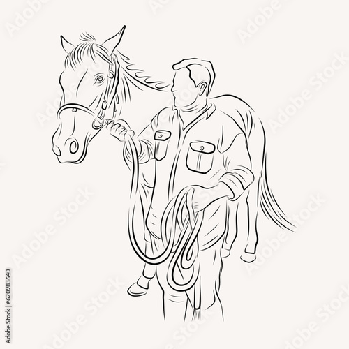 young lady riding a horse line art illustration