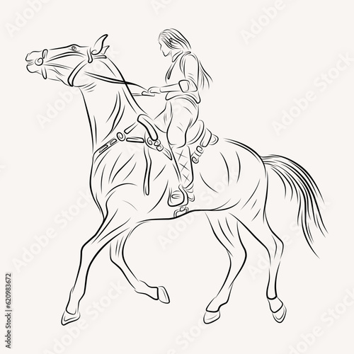 Fototapeta Naklejka Na Ścianę i Meble -  young lady riding a horse line art illustration