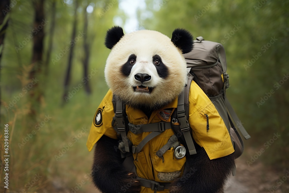 panda bear with backpack walking in the forest, anthropomorphic panda dressed in a yellow form like a tourist. Travel Concept. AI generated, human enhanced