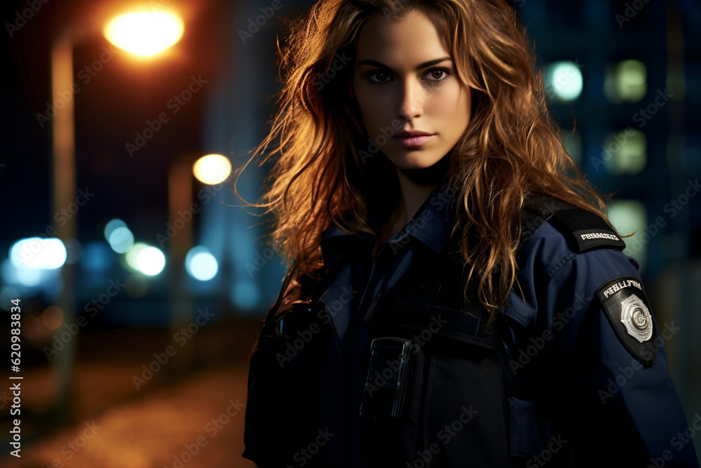 Woman police officer with her patrol car in the background. Evening light. Generative AI