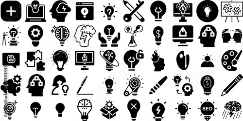 Huge Set Of Creativity Icons Pack Black Simple Pictogram Creativity, Icon, Process, Profile Signs For Apps And Websites