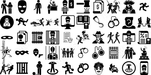Mega Collection Of Criminal Icons Set Black Infographic Silhouette Protection, Justice, Locked, Thieving Elements Isolated On White Background