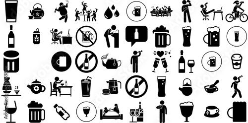 Big Collection Of Drinking Icons Bundle Hand-Drawn Solid Infographic Pictograms Ales, Wine, Transportation, Drinking Elements Isolated On White Background